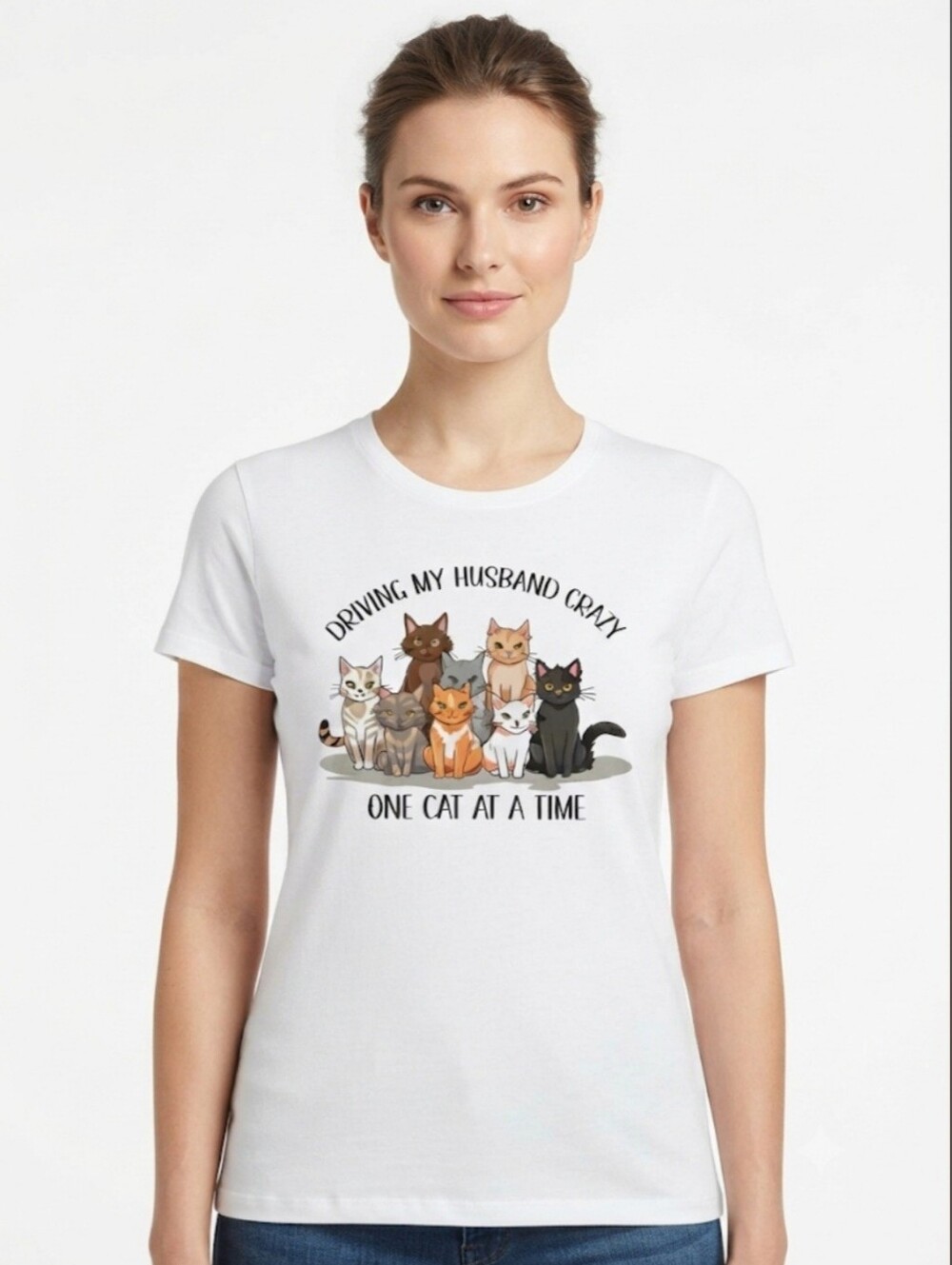 Upcycled Cotton Cat Lover T-Shirt Size M Handmade DTF Graphic Tee OOAK Artisan